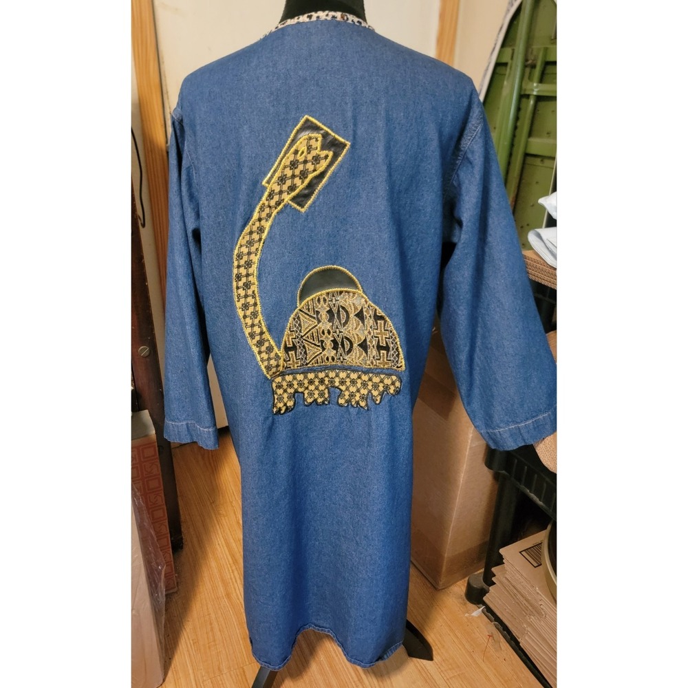 Vintage Pnina Woman African Long Denim Duster Open Front Folk Art Made In India - Picture 10 of 15